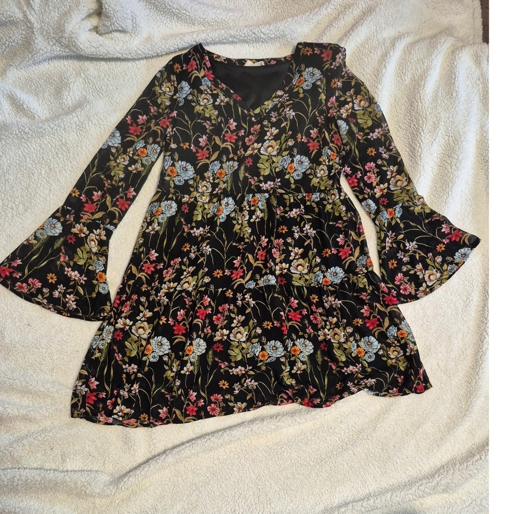 Altar'd State Floral Mini Dress Black V-Neck Long Sleeve Tiered Ruffle Boho XS